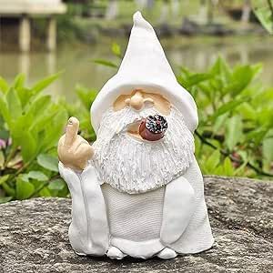 Middle Finger Figurine Ornaments, Funny Garden Gnomes Outdoor Statues 5.9 Inch Naughty Smoking Wizard Dwarf Sculpture Decoration for Lawn Patio Outside Yard Decor Housewarming Valentine's Day Gift