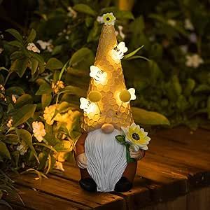 shumi Solar Garden Gnome Statue Decor Holding Sunflower Gifts, Outdoor Garden Decor with Solar Bee Lights, Gnomes Figurine Christmas Decorations for Home Yard Patio Lawn Ornaments
