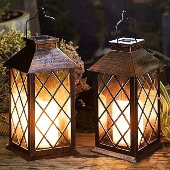 [2 Pack] TAKE ME 14" Solar Lantern Outdoor Garden Hanging Lantern Waterproof LED Flickering Flameless Candle Mission Lights for Table,Outdoor, Christmas Gifts