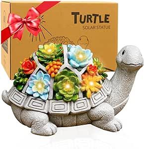 Tiejiajiang Solar Garden Statue Turtle Outdoor Decor - Yard Art Lawn Ornament with 7 LED Lights, Cute Turtle Figurines Outdoor Clearance Unique Gifts for Women/Mom