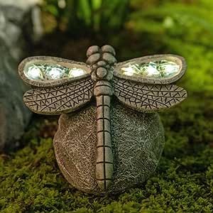 Rezpuao Garden Statue Dragonfly,Solar Dragonfly Decor for Outdoor,Resin Dragonfly Figurine with Solar Light for Patio,Balcony,Yard,Lawn Ornament,Perfect Garden Gift