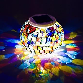 WSgift Color Changing Solar Powered Glass Mosaic Ball Led Garden Lights, Rechargeable Outdoor Waterproof Solar Night Lights Table Lamps for Decorations, Ideal Gifts