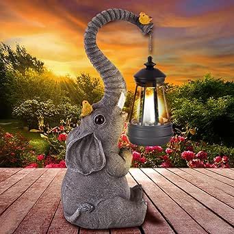 Solar Outdoor Garden Statues Lights, Elephant Figurines with Cute Birds Garden Sculpture Decor, Lucky Elephant Birthday Gifts for Women, Men or Daughter, Unique Housewarming Gifts and Yard Decoration