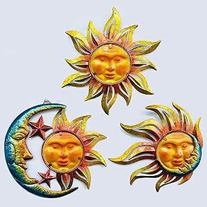 BVLFOOK Sun Face Metal Wall Art Decor Outdoor Indoor, Sun Moon Star, Metal & Glass Hanging Wall Patio Decorations for Outdoor Living Room Bedroom Garden Porch Fence Balcony, Set of 3, 9 inch Large.