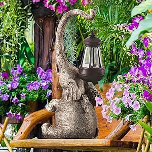 15" Elephant Statue for Garden Decor with Solar Outdoor Lights - Gifts for Women, Mom, Wife. Garden Sculptures & Statues for Home Patio Yard Lawn Gardening - Good Luck Elephant Gift for Family